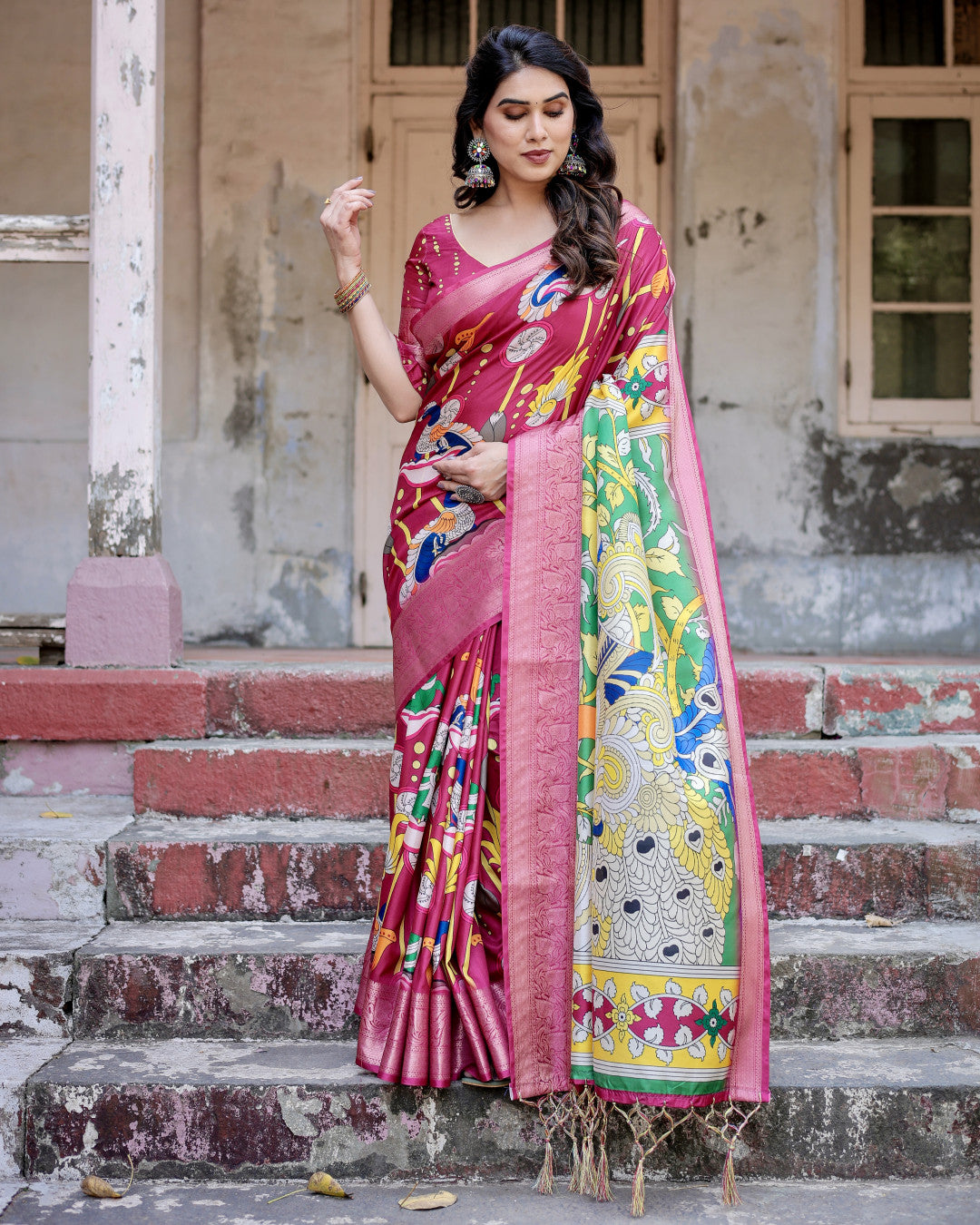 Pink Kalamkari Digital Printed Tussar Silk Saree With Zari Motif Border
