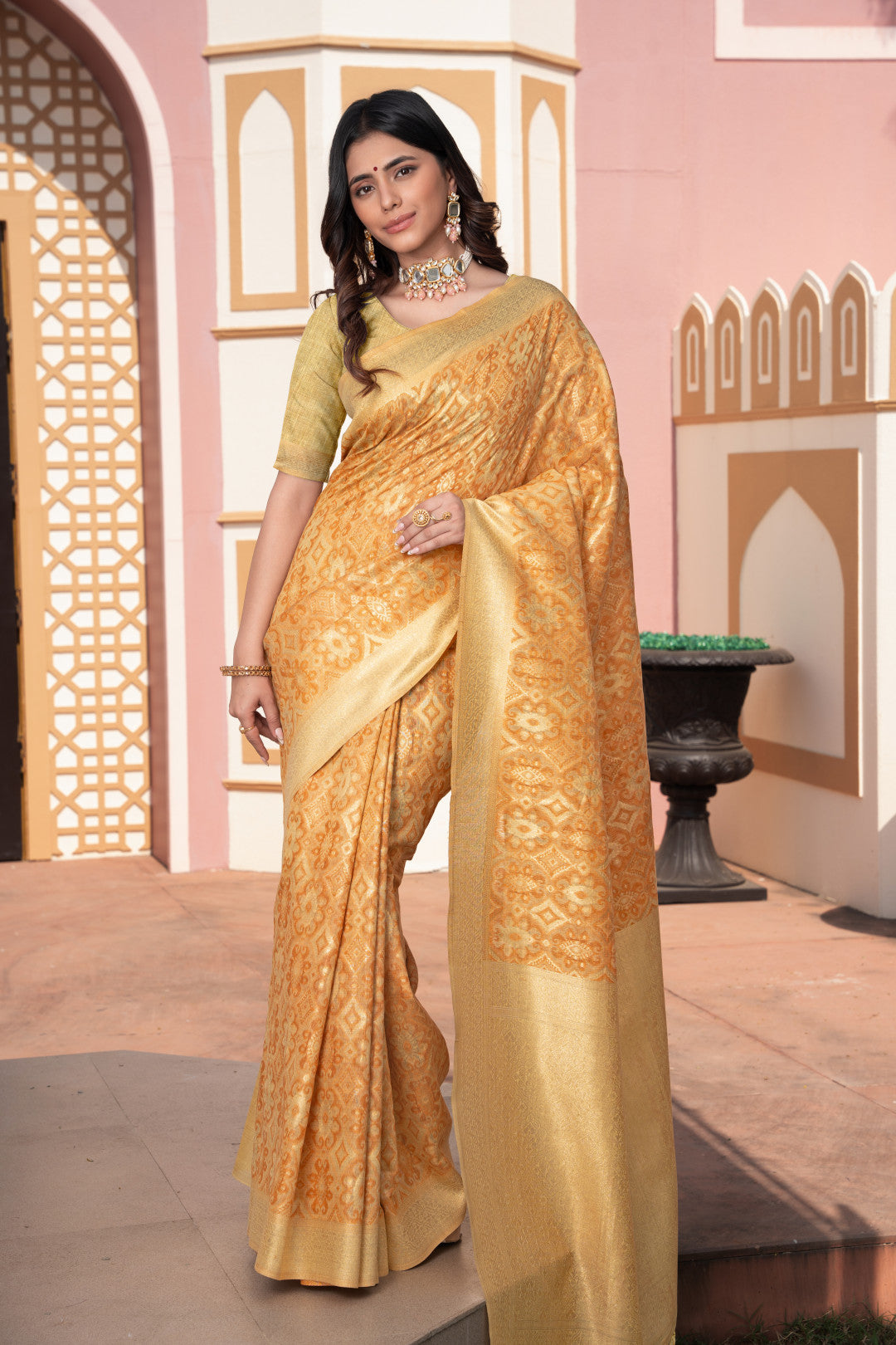 Yellow Cotton Ikkat Silk Saree With Zari Woven Work