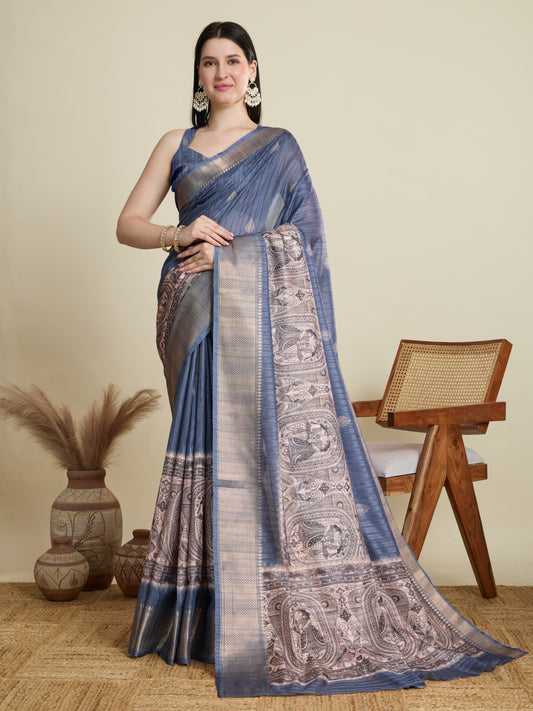 Gray Soft Cotton Saree With Kalamkari Digital Printed Pallu & Zari Border
