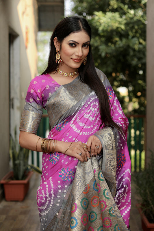Multi Color Soft Bandhej Silk Saree With Zari Weaving Work