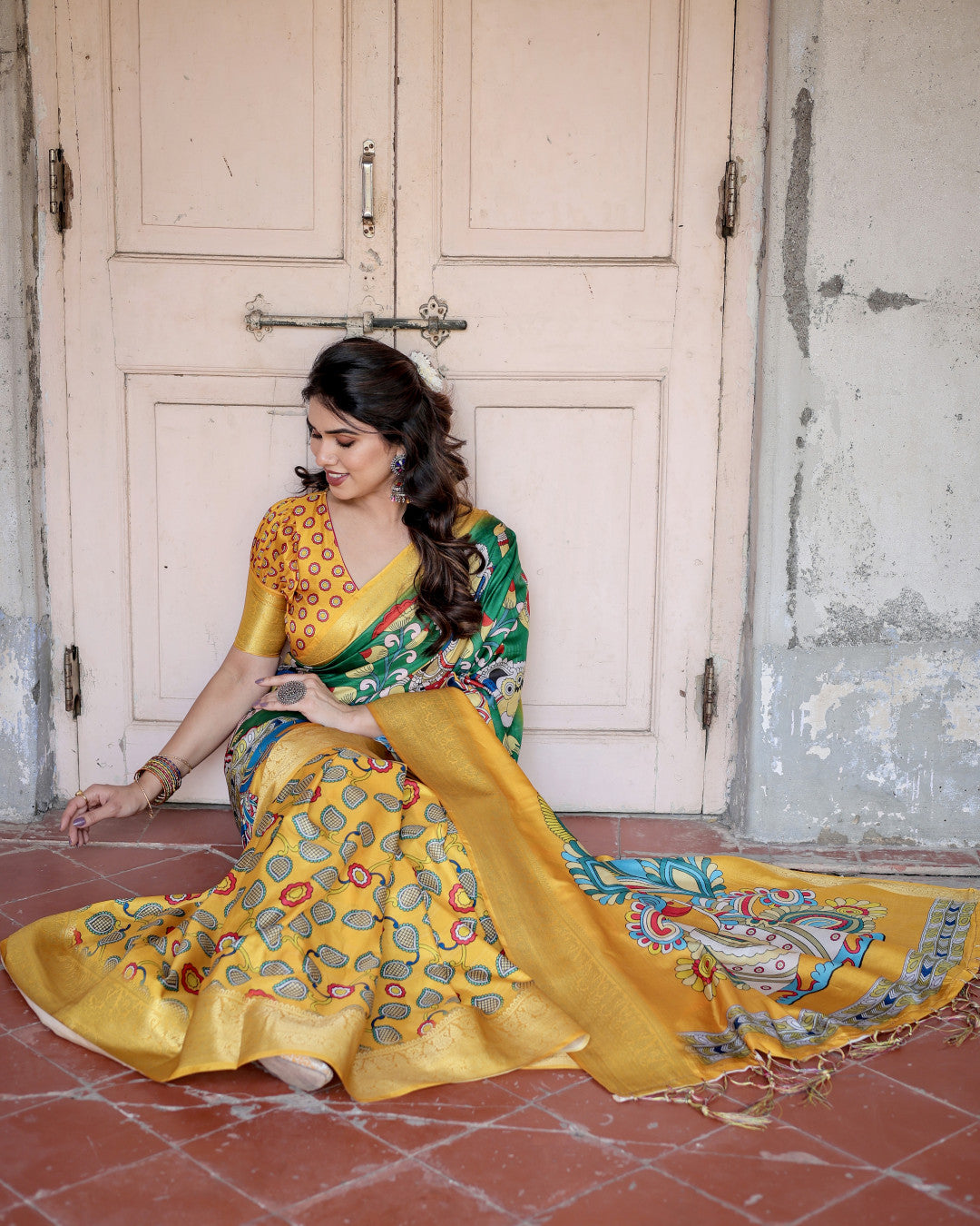 Multi Kalamkari Digital Printed Tussar Silk Saree With Zari Motif Border
