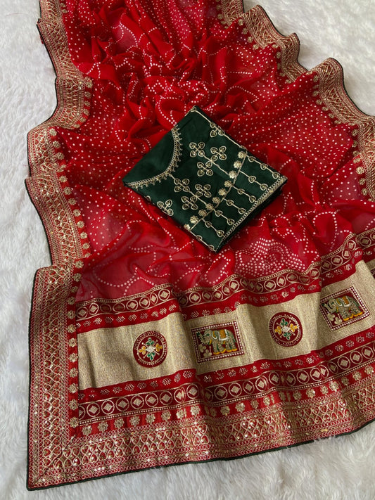 Red Vichitra Silk Saree With Khadi Bandhej Heavy Pallu With Hotpcs C Pallu Work