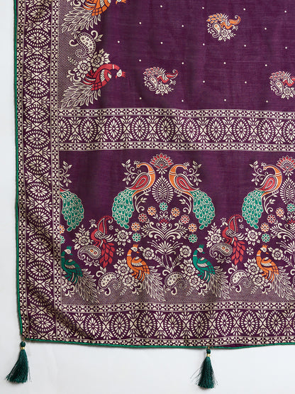 Wine Cotton Saree With Table Printed And Foil Work With Pipeing Border