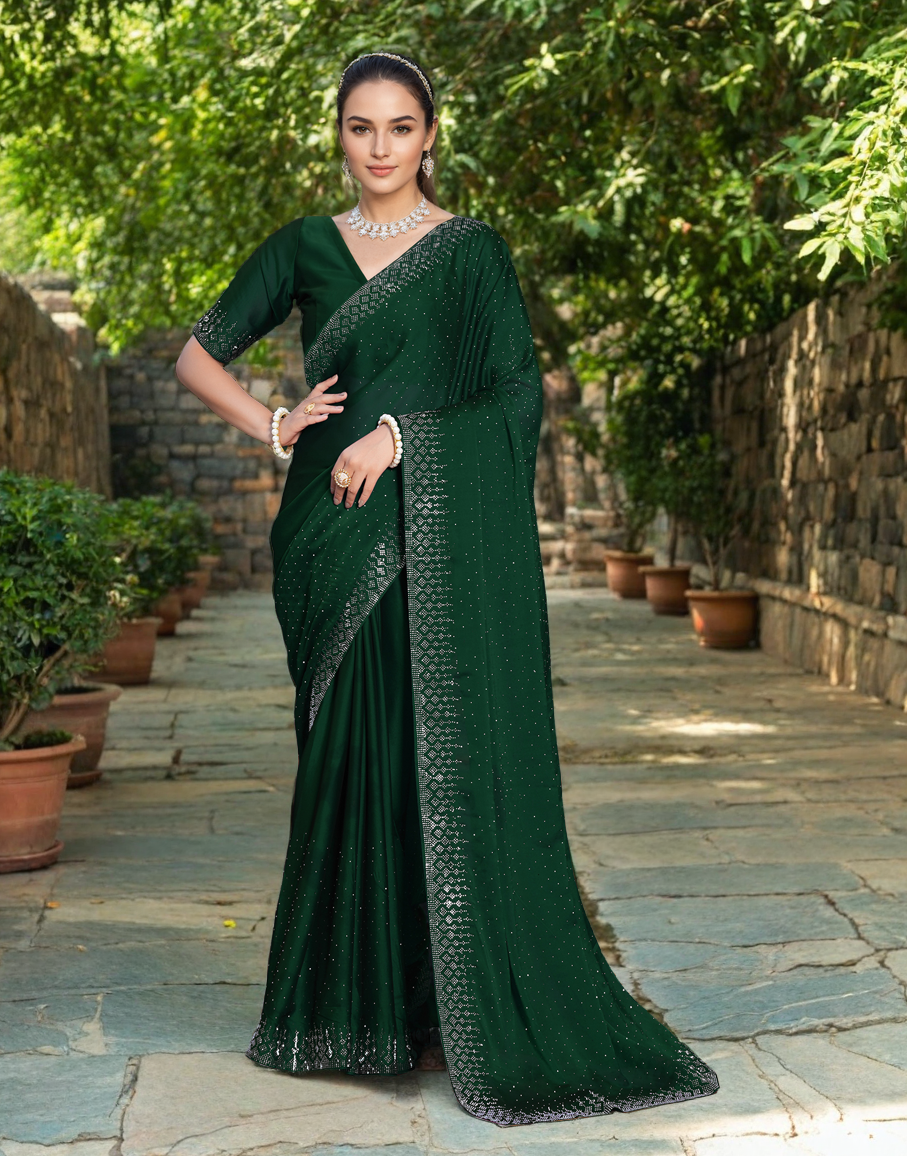 Fancy Dark Green Rangoli Silk Saree With Diamond Work
