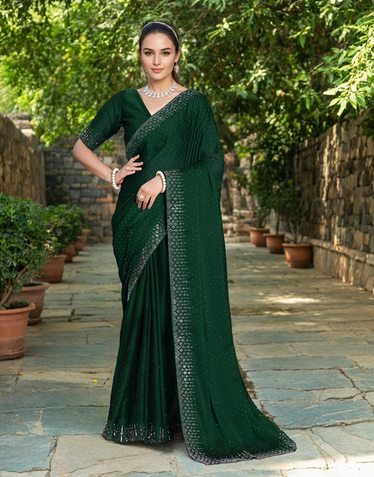 Fancy Dark Green Rangoli Silk Saree With Diamond Work