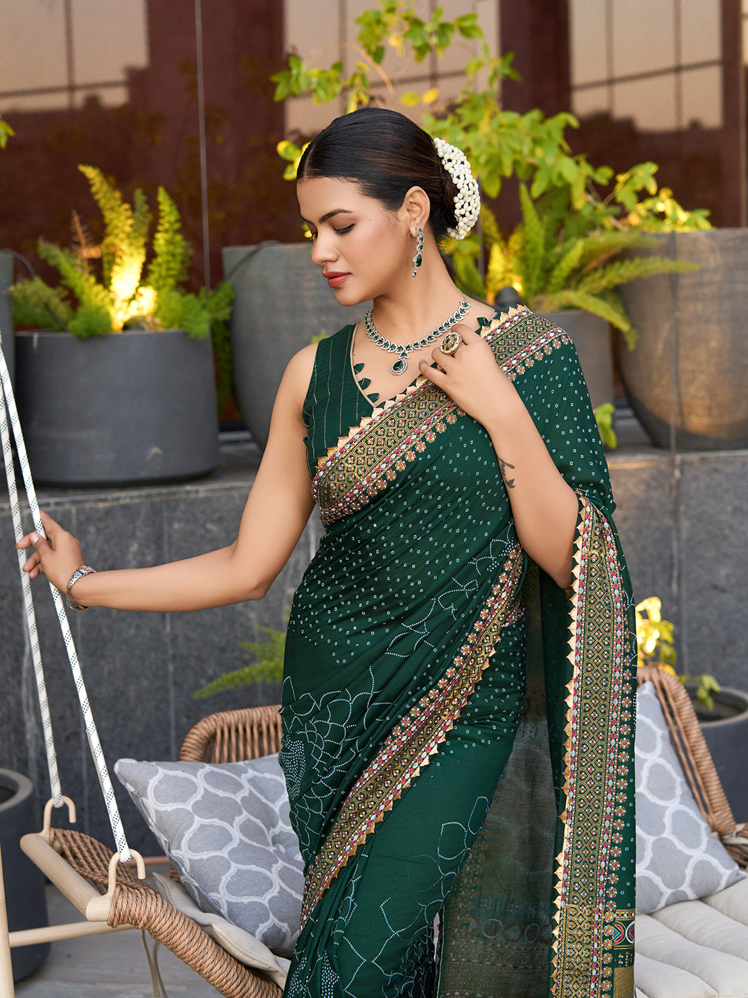 Green Stylist Soft Cotton Saree With Unique Table Printed & Lace Border