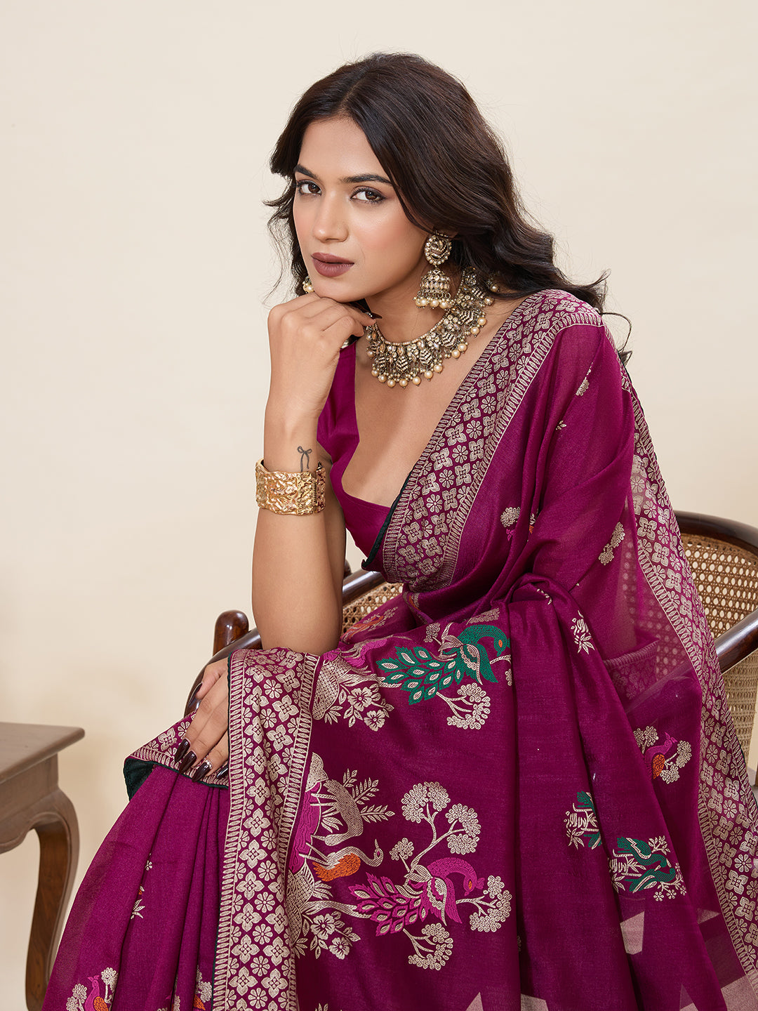 Wine Cotton Saree With Table Printed And Foil Work With Pipeing Border