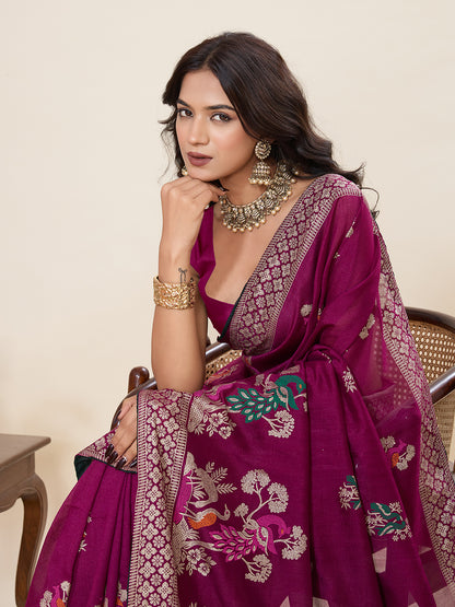 Wine Cotton Saree With Table Printed And Foil Work With Pipeing Border
