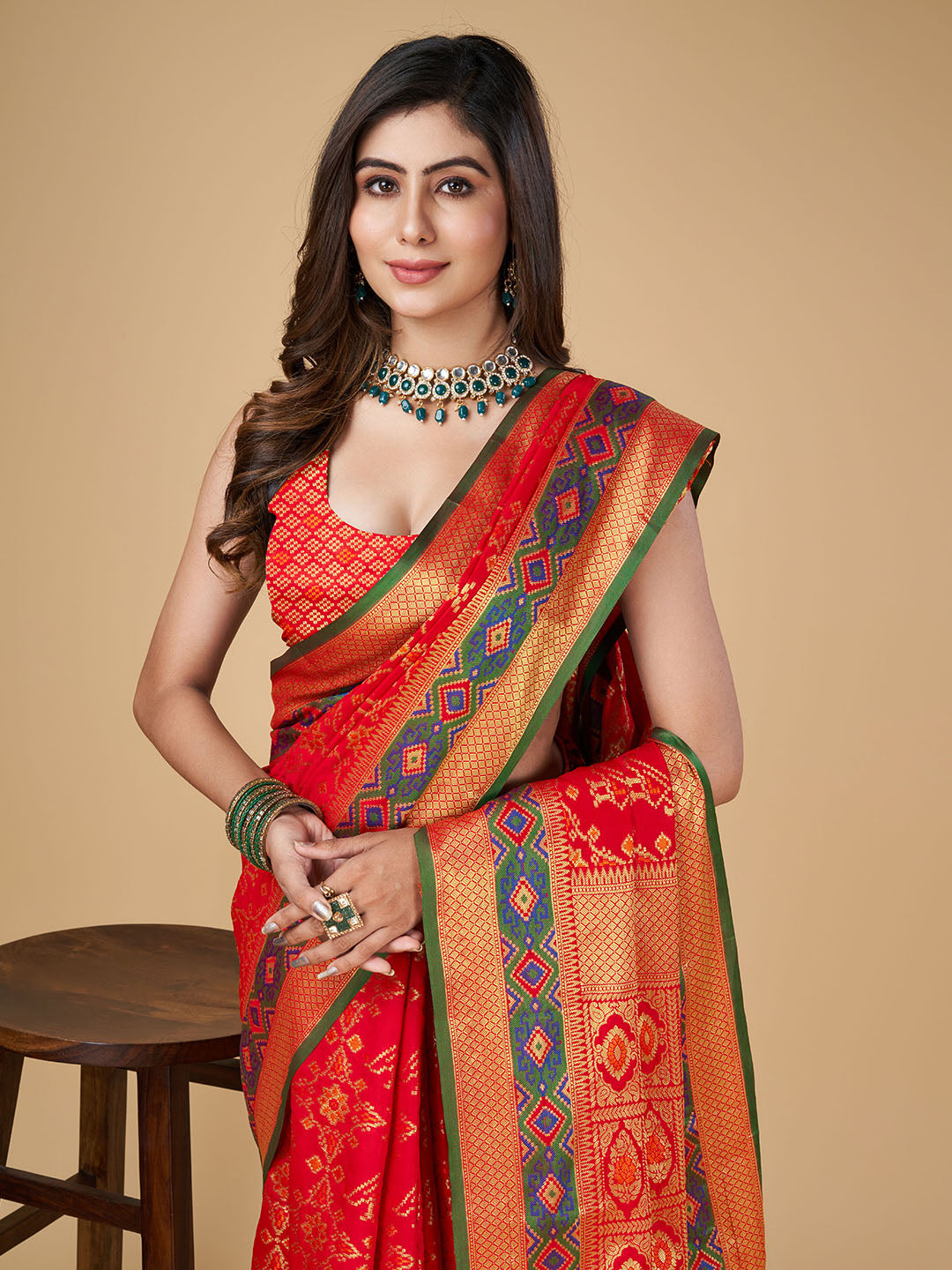Red Color Patola Silk Saree With Zari Weaving Work