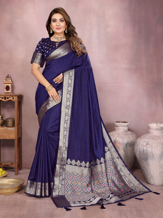Navy Blue Premium Dola Silk Saree With Meenakari Weaving Work