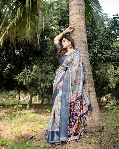 Multi Fancy Kalamkari Digital Printed Tussar Silk Saree
