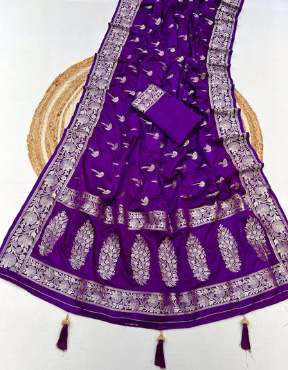 Purple Color Soft Viscose Satin Silk Saree With Zari Weaving Work