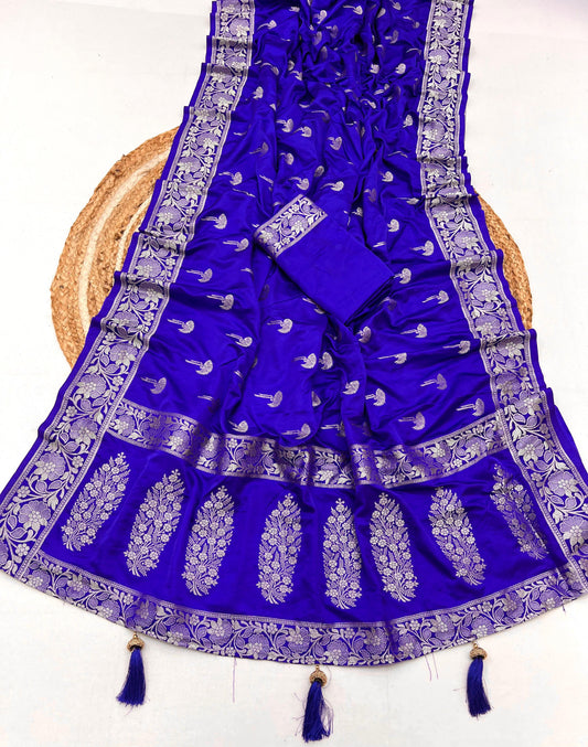 Royal Blue Color Soft Viscose Satin Silk Saree With Zari Weaving Work