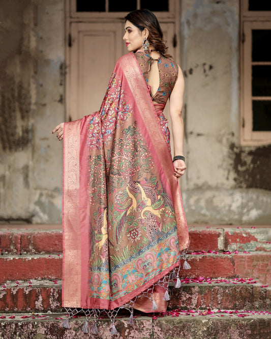 Multi Kalamkari Digital Printed Dola Silk Saree With Gold Zari Border