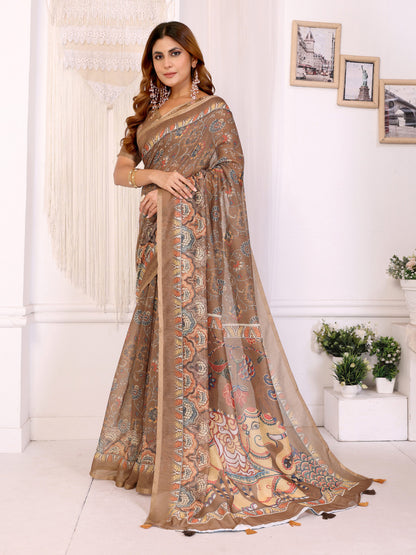 Multi Colour Chanderi Cotton Saree With Digital Printed Work
