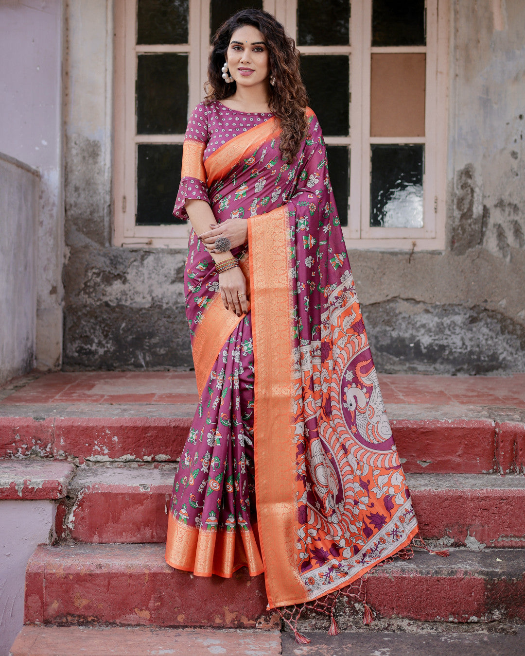 Magenta Kalamakari Digital Printed Tussar Silk Saree With Zari Motif Border