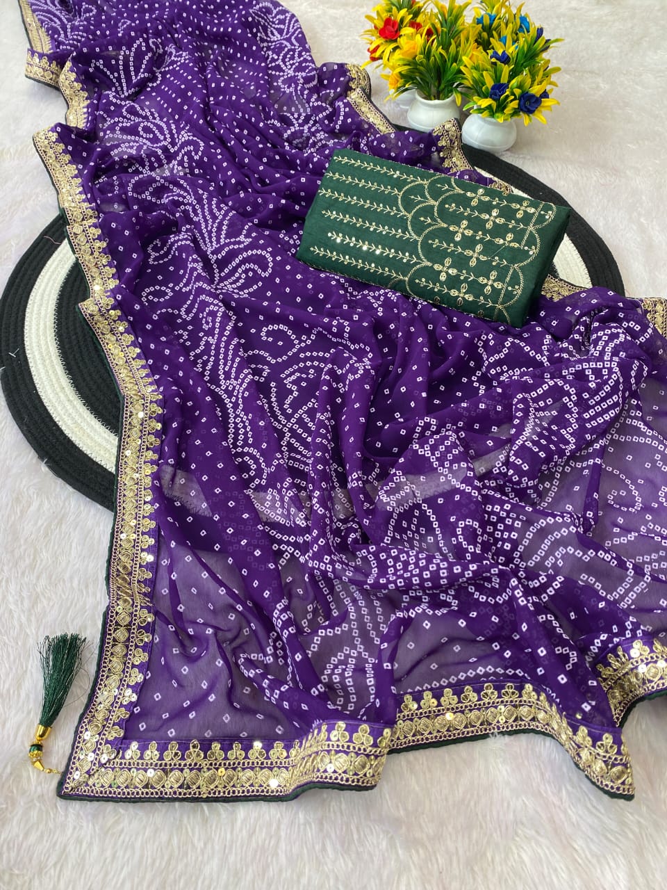 Purple Color Georgette Bandhani Saree With Foil Print Work