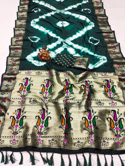 Green Color Soft Dola Silk Saree With Shibori Print & Zari Weaving Work