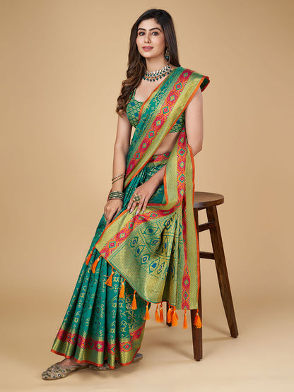 Rama Green Color Patola Silk Saree With Zari Weaving Work