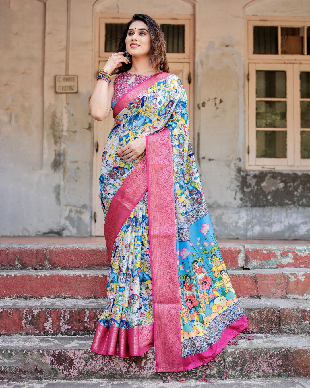 Multi Fancy Kalamkari Digital Printed Tussar Silk Saree