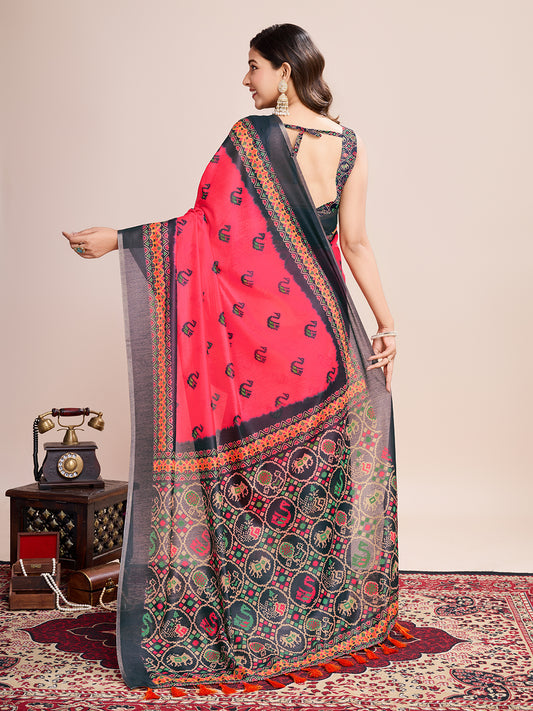 Pink Soft Linen Cotton Saree With Digital Printed Work