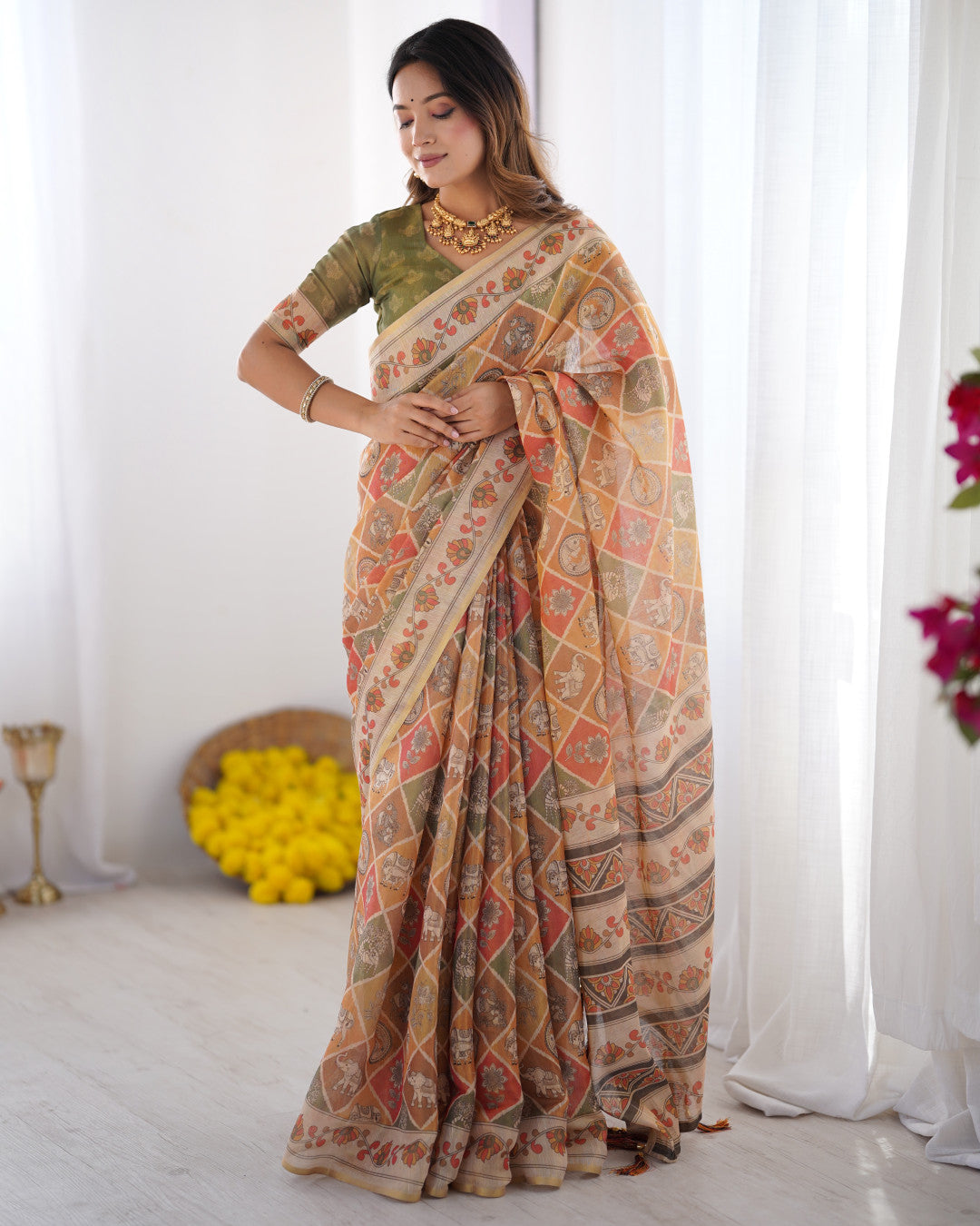 Multi Color Kalamkari Digital Printed Linen Cotton Saree