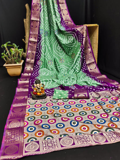 Multi Color Soft Bandhej Silk Saree With Zari Weaving Work