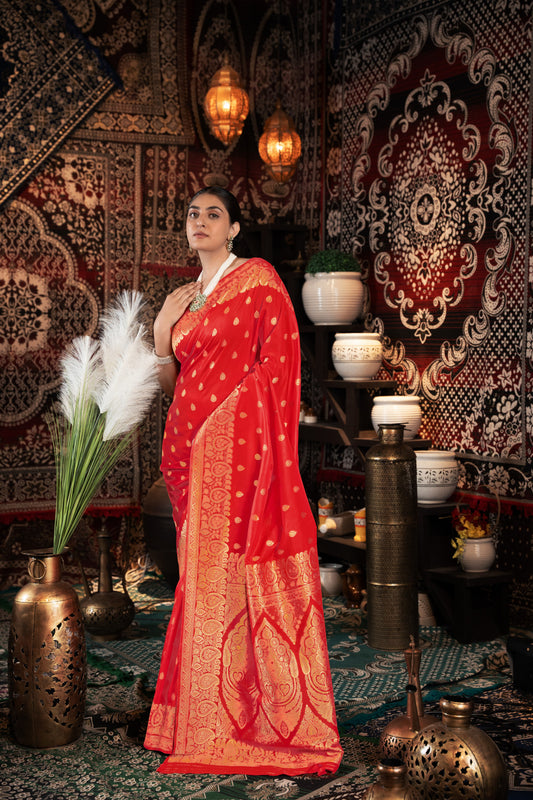 Red Banarasi Silk Saree With Zari Woven Work