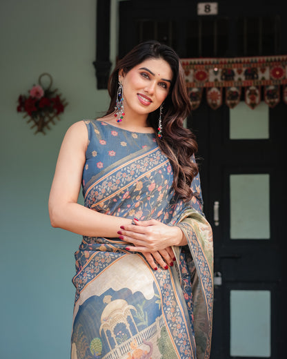 Soft Linen Cotton Saree With Kalamkari Printed Work