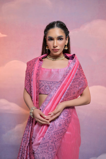 Baby Pink Color Handloom Raw Silk Saree With Contrast Weaving Work
