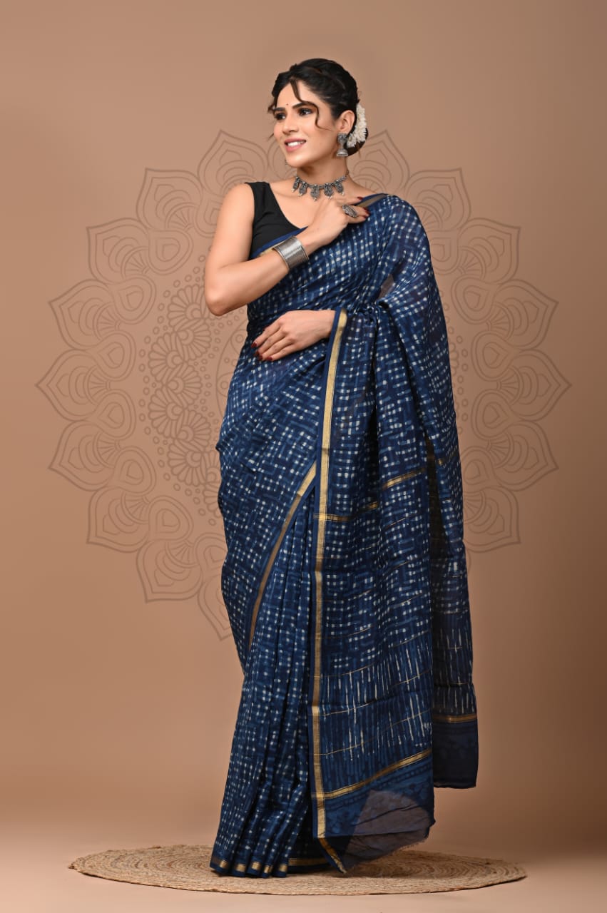 Navy Blue Colour Pure Chanderi Silk Saree With Bagru Handblock Printed Work