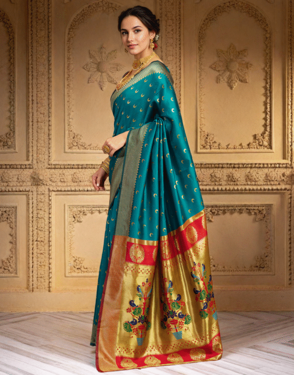 Traditional Firoji Chand Design Paithani Silk Saree With Zari Weaving Work - Image 2
