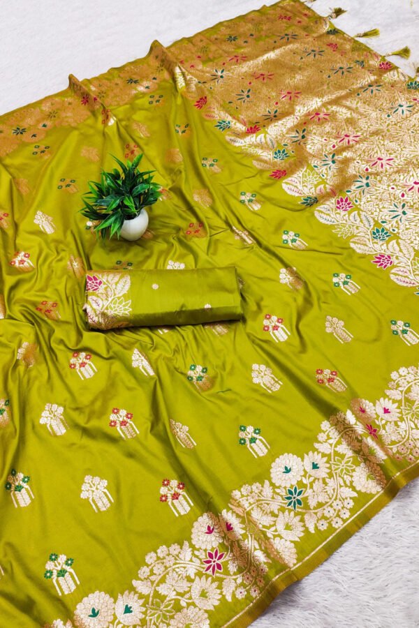 Parrot Green Premium Banarasi Silk Saree With Meenakari Zari Weaving Work