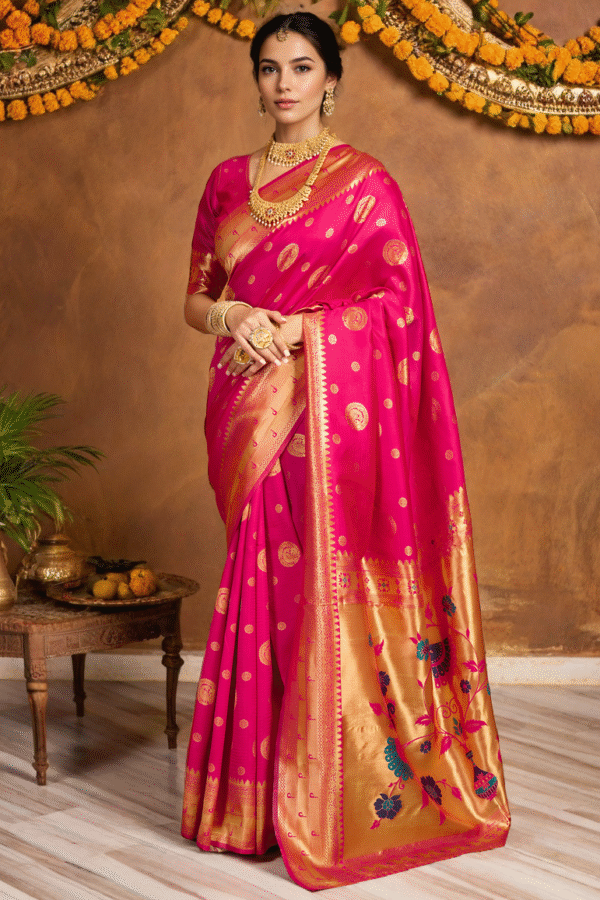 Pink Paithani Silk Saree With Zari Weaving Work