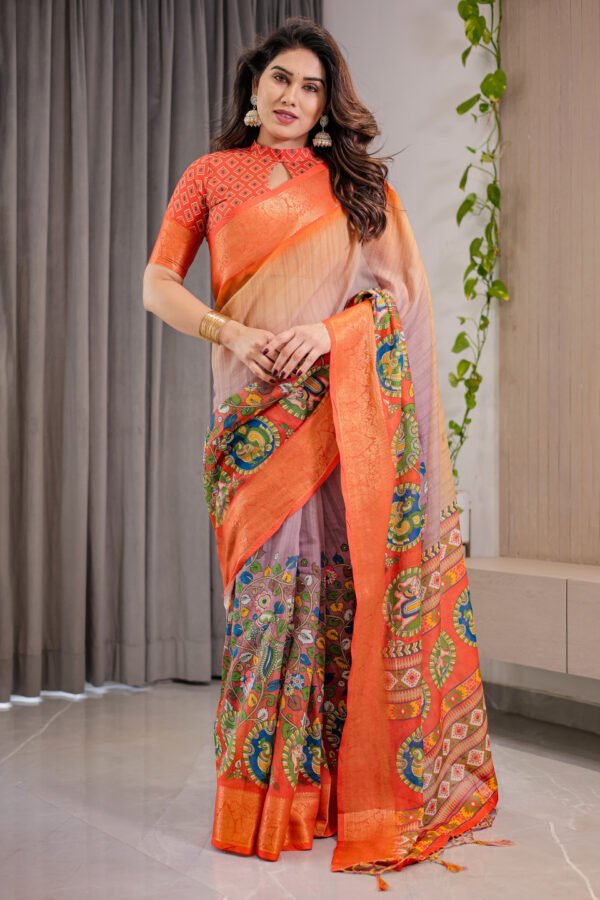 Multi Kalamkari Digital Printed Linen Cotton Saree
