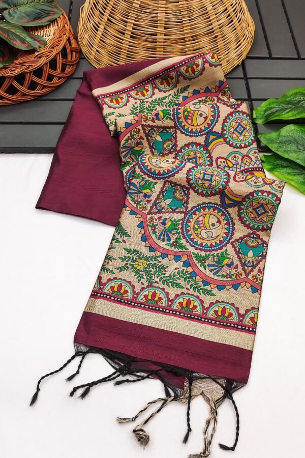 Maroon khadi raw silk saree with beautiful madhubani hand printed pallu