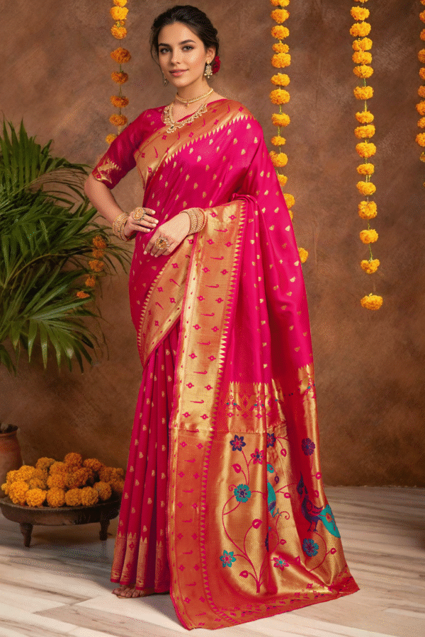 Traditional Pink Paithani Silk Saree With Zari Weaving Work