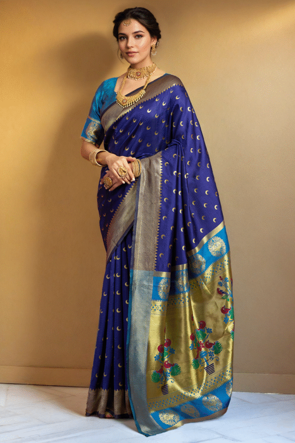 Traditional Navy Blue Chand Design Paithani Silk Saree With Zari Weaving Work