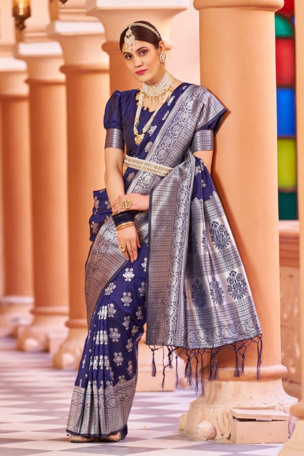 Navy Blue Color Soft Banarasi Silk Saree With Zari Weaving Work