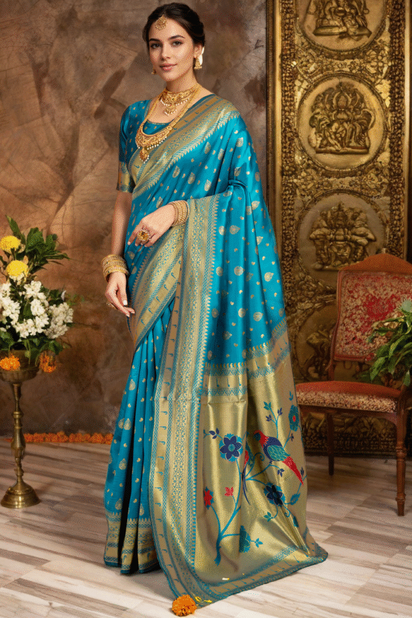 Firoji Paithani Silk Saree With Zari Weaving Work