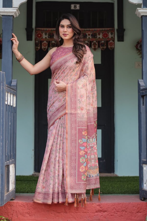 Baby Pink Kalamkari Digital Printed Linen Cotton Saree