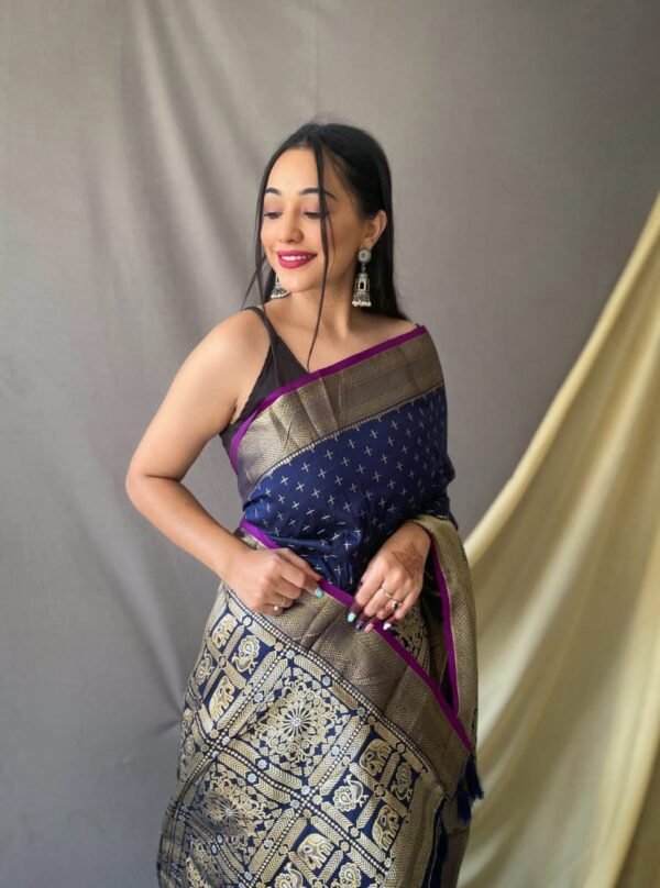 Navy Blue Color Banarasi Silk Saree With Zari Weaving Work