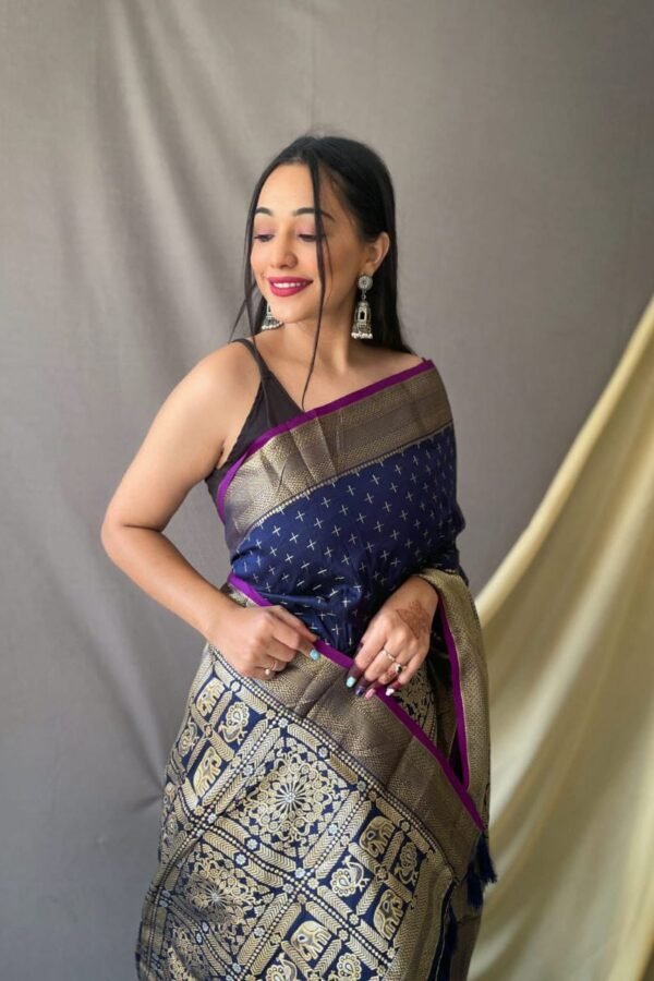 Navy Blue Color Banarasi Silk Saree With Zari Weaving Work