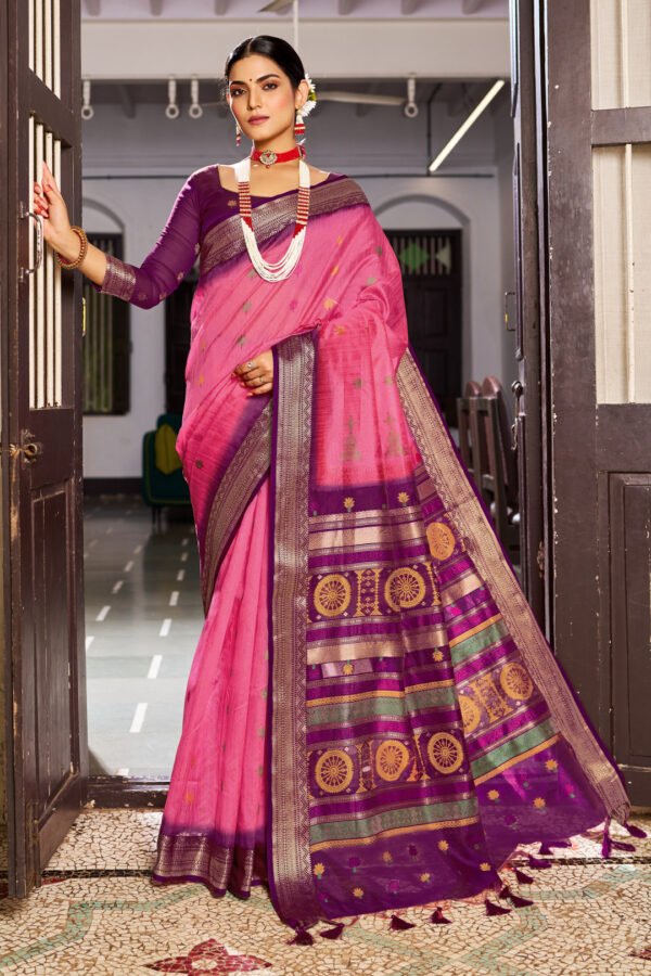 Pink handloom raw silk saree with zari weaving work