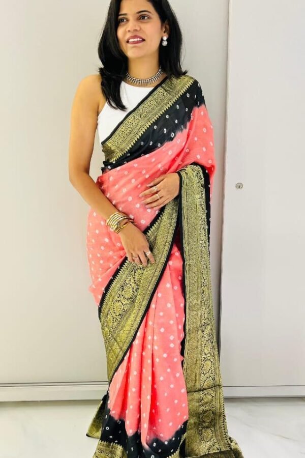 Multi Hand Bandhej Bandhani Saree With Zari Border