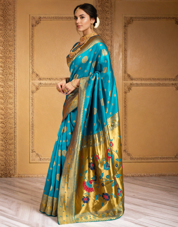Firoji Paithani Silk Saree With Zari Weaving Work - Image 2