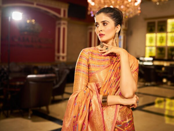 Orange Soft Organza Silk Saree With Zari Weaving Work - Image 2