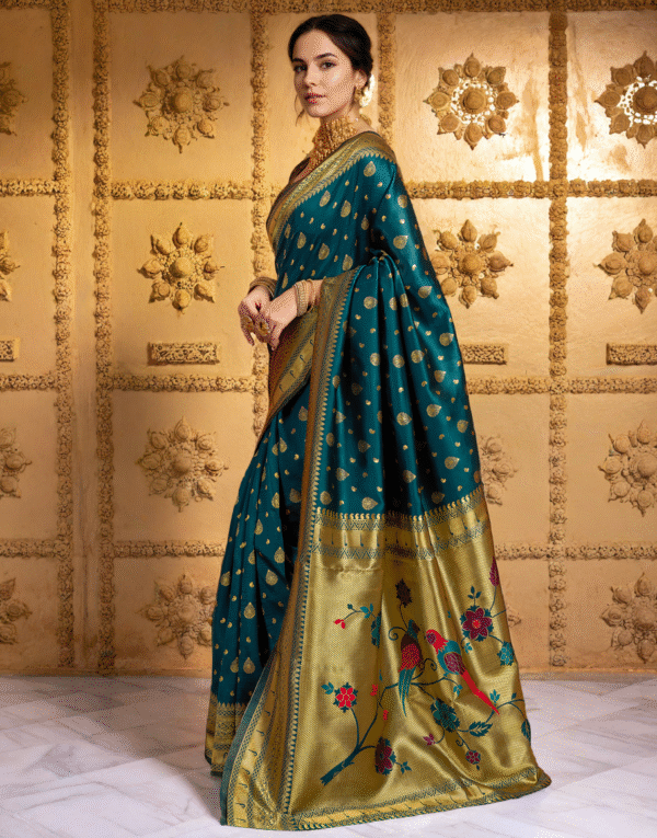 Teal Green Paithani Silk Saree With Zari Weaving Work - Image 2