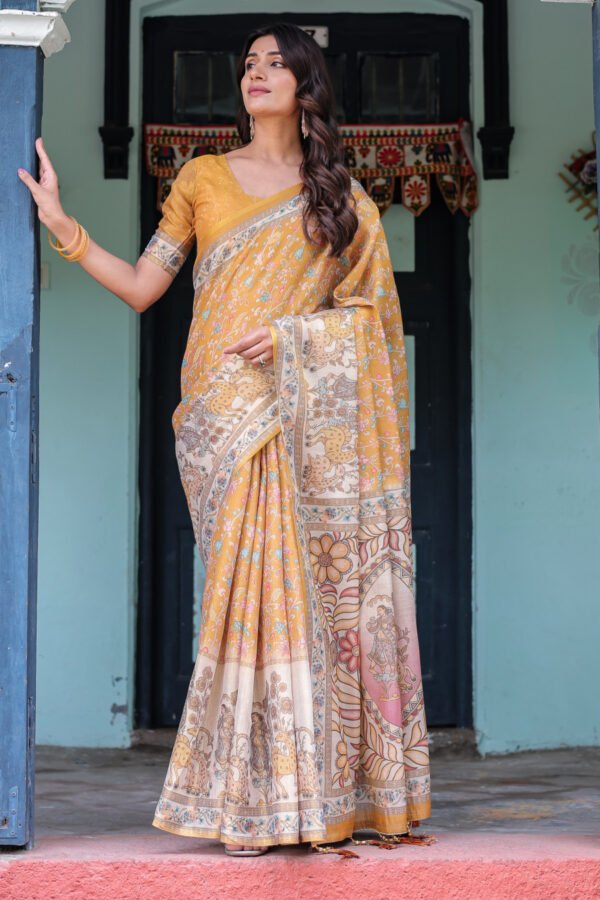 Mustard Yellow Kalamkari Digital Printed Linen Cotton Saree