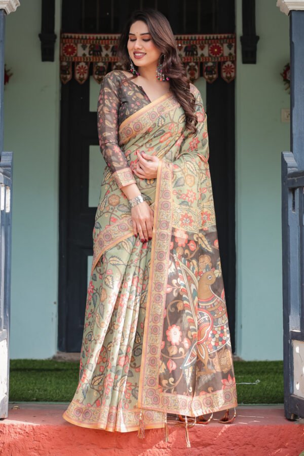 Pista Green Soft Linen Cotton Saree With Kalamkari Printed Work